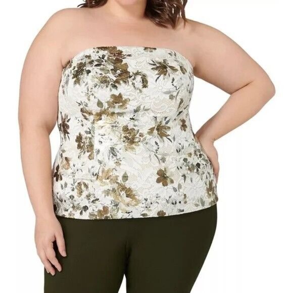 Maree Pour Toi Tops - Gold Foil Floral Lace Strapless Top